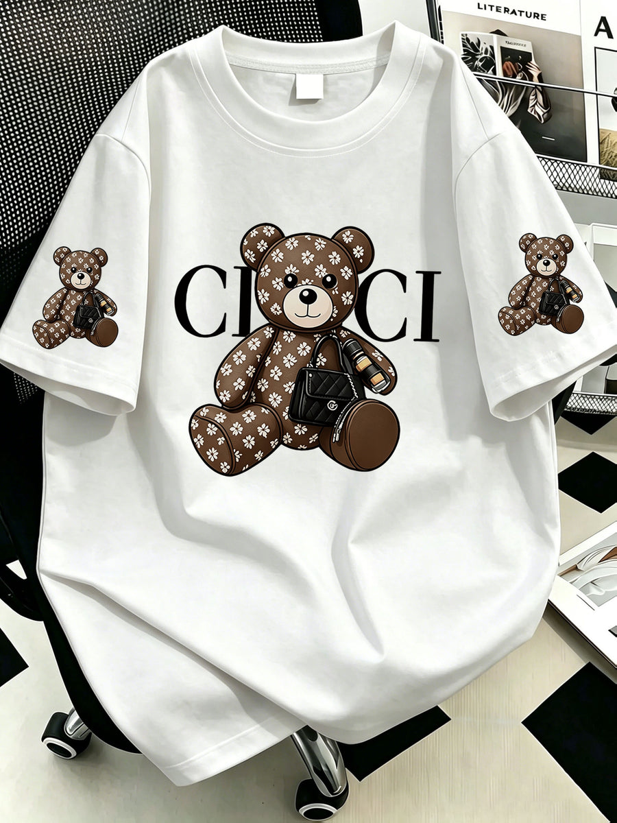 Plus Size, Plus-size Women's Crossbody Bag with Bear Print, Round Neck Short-sleeve T-shirt. Suitable for Summer Vacations, Beach, Holidays, Spring, Valentine's Day, Carnivals, Mother's Day Gifts; a Gift for Mom. Suitable for Daily Wear - White