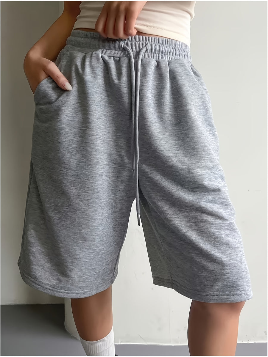 Women'S Elastic Waist Drawstring Tie Loose Bermuda Shorts, Casual Street Style, Women'S Summer - Light Grey
