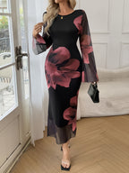 1pc Elegant Floral Sheer Mesh Long Sleeve Dress for Women - Polyester Knit Fabric, Crew Neck, A-Line Silhouette, Versatile for Spring/Summer/Fall - Adult Fashion - Mixed colors