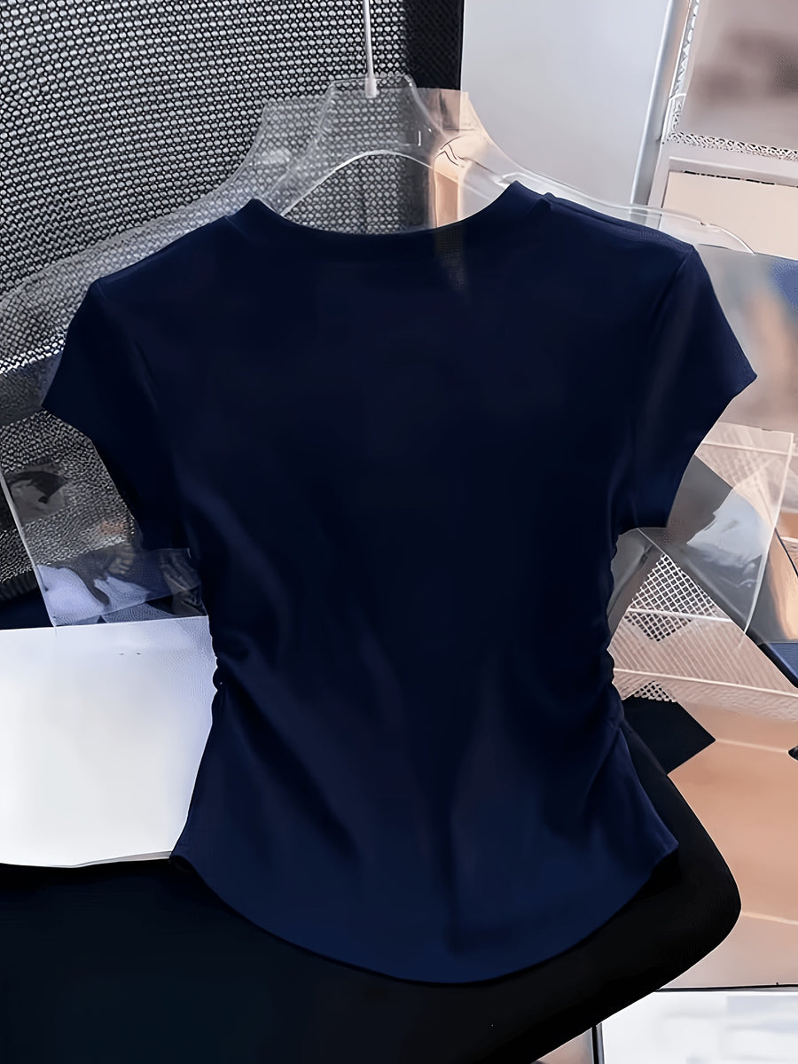 Women'S 3pcs American Retro Casual V-Neck Short Sleeve T-Shirt Spring Summer Slim Short Sleeve Waist Ruched T-Shirt - Mixed Color 1