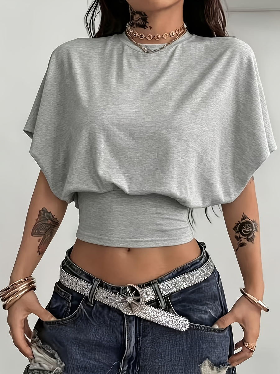 BK260403040 Women's Fashion Spring/Summer New Arrival, Stylish and Elegant, Solid Color No Print, Casual Versatile Waist-Cinching T-Shirt, Essential Basic Style—Suitable for Daily Spring/Summer Wear,, Beach, Vacation, and Home - Grey