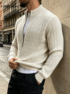 FORLENGKE Autumn/Winter Men's Zipper Cable Knit Cardigan, Three-Dimensional Twisted Floral Texture Knit Outerwear, Solid Color Simple Cuff Long Sleeve Top, Streetwear Commute Daily Casual Wear, Versatile Spring/Autumn Men's Outer Knit Cardigan - White
