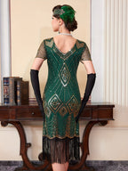 1920S Vintage Sequin Skirt Gatsby Ball Fringe Dress Party Evening Dance Dress Sequined Gown (Dress Solely, No Gloves) - Golden Green