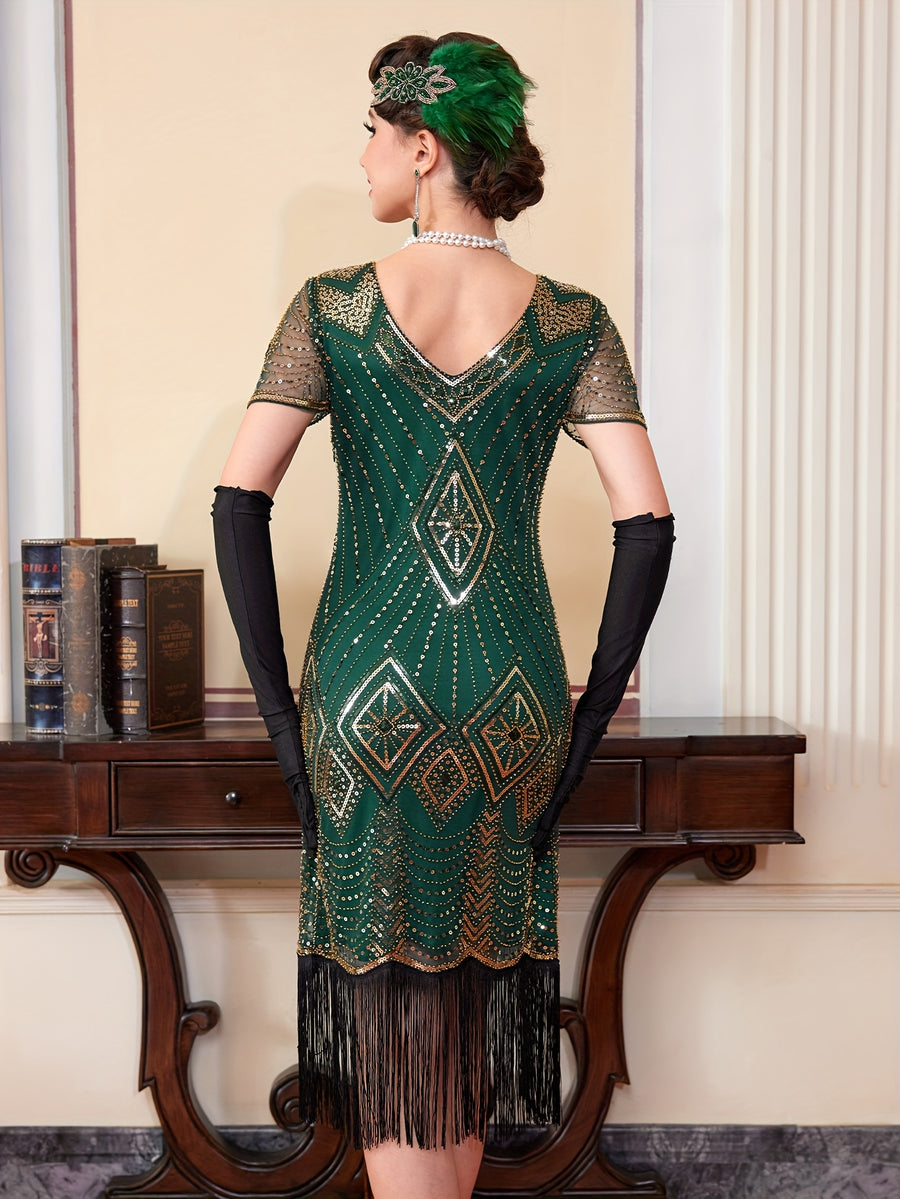 1920S Vintage Sequin Skirt Gatsby Ball Fringe Dress Party Evening Dance Dress Sequined Gown (Dress Solely, No Gloves) - Golden Green
