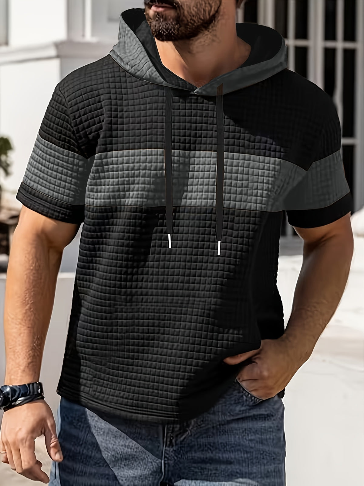 Men'S Summer Essential Hooded Short Sleeve T-Shirt, Casual Loose Fit, Breathable And Wrinkle-Resistant Fabric, Durable And Non-Deformable, Drawstring Hood Design, Arched Hem for Body Shaping, Statement Color Block for Trendy Appeal - Black