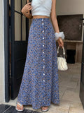 Women'S Blue Floral A-Line Skirt, Button Detail Design, Casual Flowy Non-Stretch Fabric, Suitable for Spring/Summer Vacation Daily Wear - Multicolor