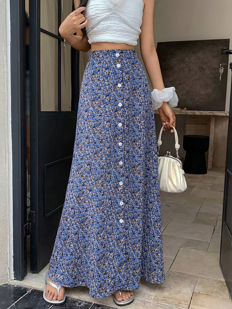 Women'S Blue Floral A-Line Skirt, Button Detail Design, Casual Flowy Non-Stretch Fabric, Suitable for Spring/Summer Vacation Daily Wear - Multicolor