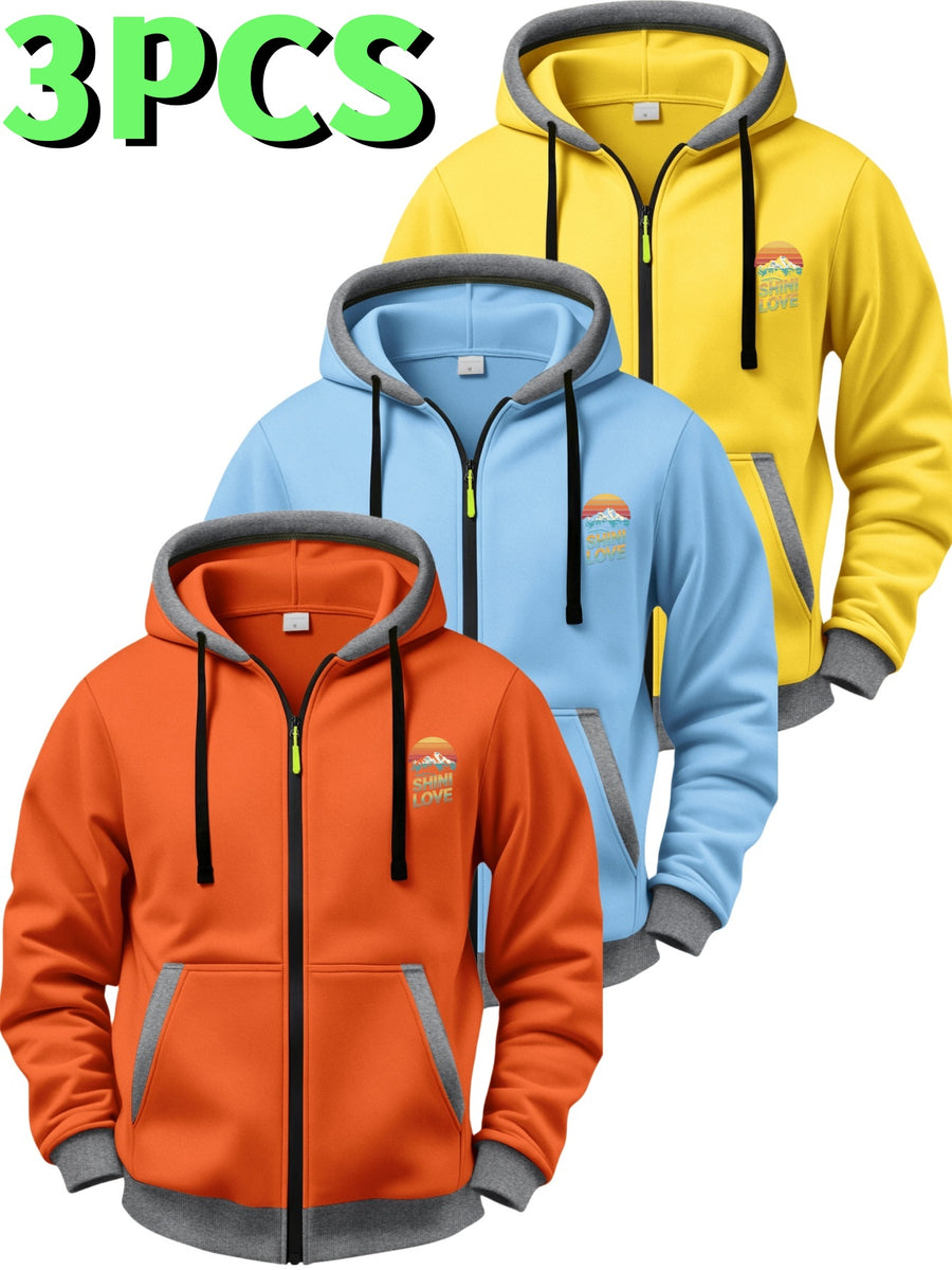 3pcs Set Vintage Sunset Mountain Peak Letter Small Print Zip-Up Hooded Sweatshirt for Men and Women, Spring/Autumn Contrast Trim Full-Zip Cardigan Jacket, Outdoor Mountain Style Loose Fit Casual 3pcs Versatile Zip-Up Hoodie Set - Yellow + Sky Blue + Orange Red