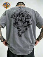 Whirlpool Mouth Monster Print Washed T-Shirt, Men'S 100% Fabric, Casual Comfortable Style, Loose Fit Breathable Short Sleeve Men'S Casual Top, Distressed Washed Loose Fit - Grey