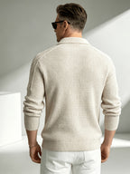 Business Mature Casual Men'S V-Neck Lapel Long Sleeve Jacquard Knit Polo Sweater, Soft Warm Textured Pullover Top, Suitable for Daily, Office, And Weekend Wear in Autumn And Winter - Beige Apricot
