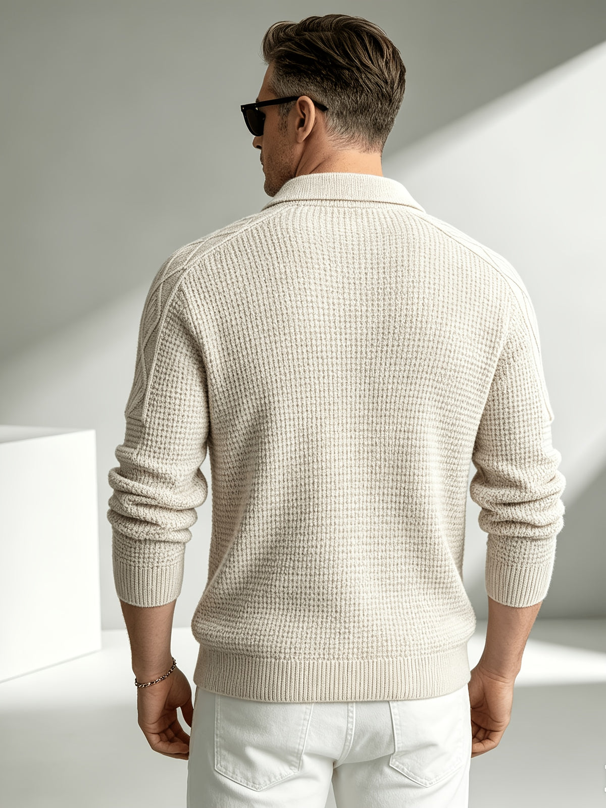 Business Mature Casual Men'S V-Neck Lapel Long Sleeve Jacquard Knit Polo Sweater, Soft Warm Textured Pullover Top, Suitable for Daily, Office, And Weekend Wear in Autumn And Winter - Beige Apricot