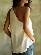Summer New Women'S Clothing, French Lazy Style One-Shoulder Sleeveless Top, Loose And Flowing Body, Excellent Drape, Comes with Soft Filter, Suitable for Spring And Summer. Pair with High-Waist Straight-Leg Jeans And White Sneakers - White