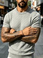 Men's Summer Solid Color Crew Neck Knit Short Sleeve Slim Fit Lightweight Half-Sleeve Top, Premium Basic Crew Neck Knitwear, Versatile Casual Base Layer for Daily Commuting - Light Grey