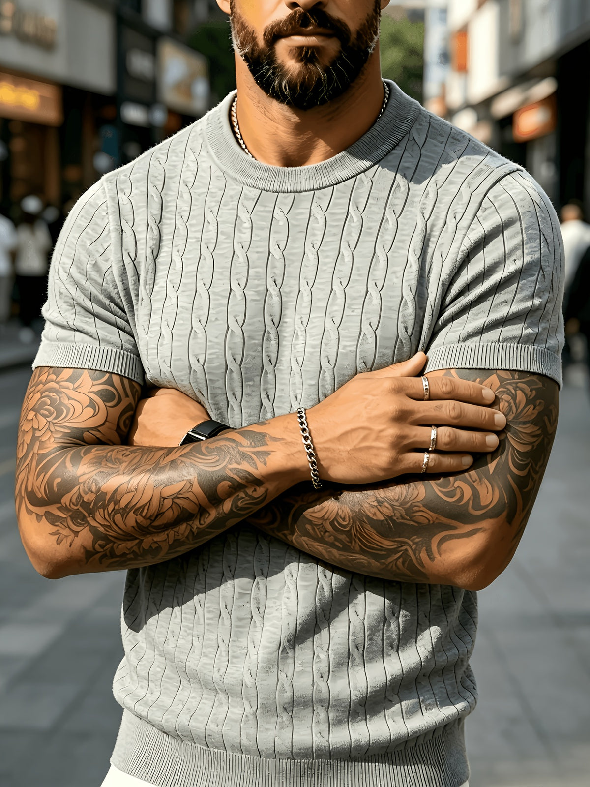 Men's Summer Solid Color Crew Neck Knit Short Sleeve Slim Fit Lightweight Half-Sleeve Top, Premium Basic Crew Neck Knitwear, Versatile Casual Base Layer for Daily Commuting - Light Grey