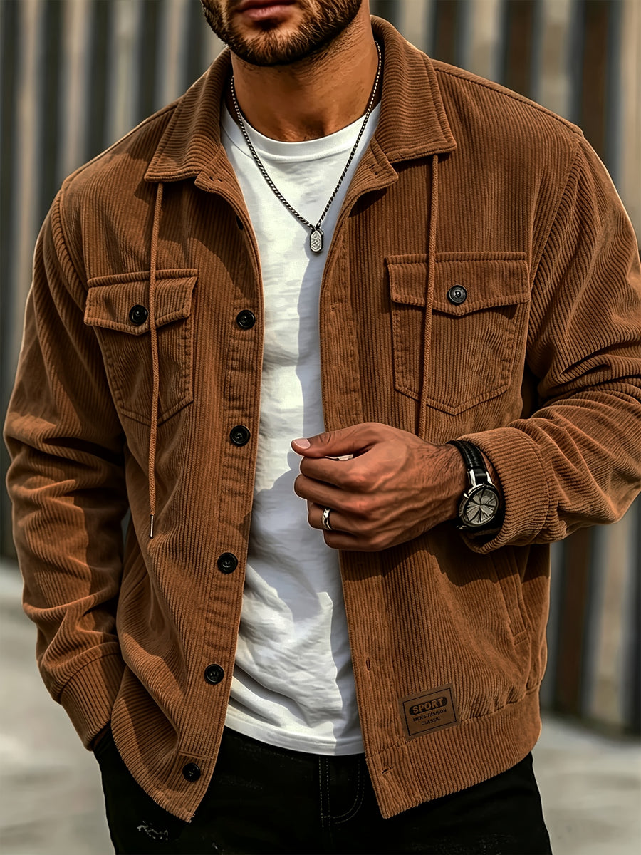 BOWZ Men's Corduroy Jacket Button-Up Cardigan Coat with Stand Collar & Drawstring Hood Suitable for Sports, Casual Commuting Jacket, Corduroy Button-Front Closure, Machine Washable Fall Outerwear, Solid Color Regular Fit Cardigan Gift - Dark Brown