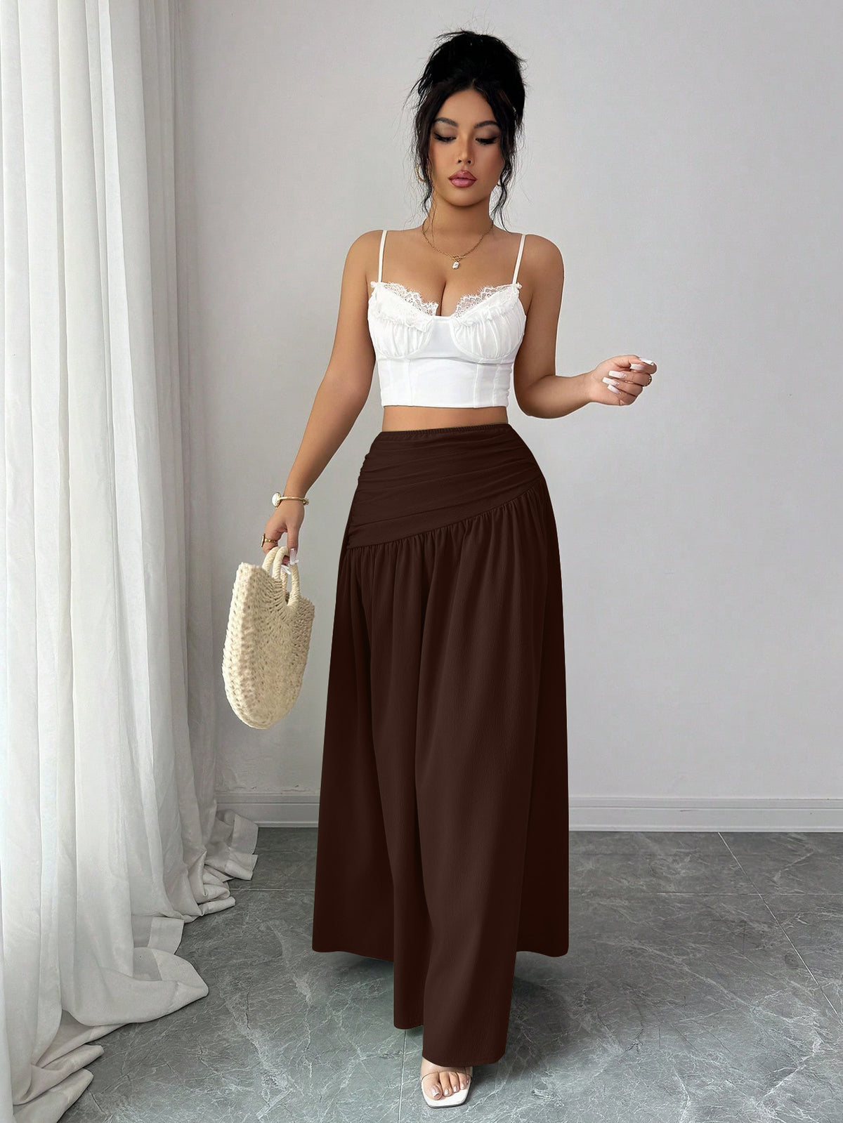 Women'S Casual Pleated Solid Color Skirt, Romantic Holiday Style, Elegant Design, Versatile Fashion, Ideal Choice for Women in Back-To- Season, Spring And Summer - Coffee Brown