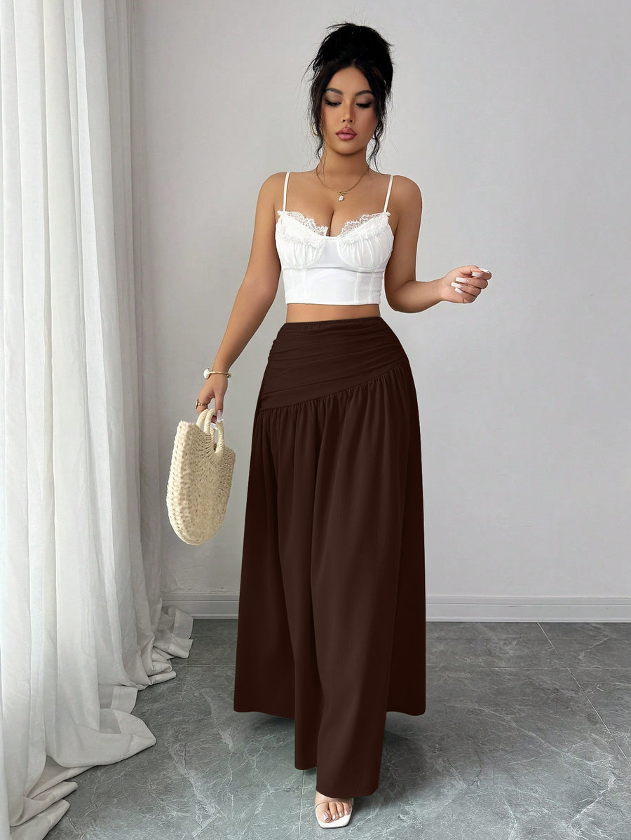 Women'S Casual Pleated Solid Color Skirt, Romantic Holiday Style, Elegant Design, Versatile Fashion, Ideal Choice for Women in Back-To- Season, Spring And Summer - Coffee Brown