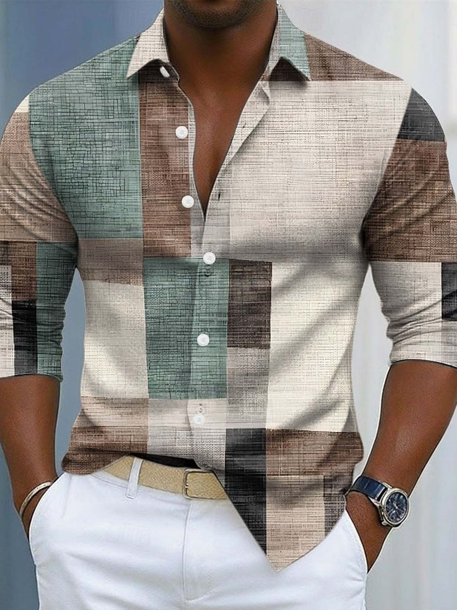 Men's Long-sleeve Shirt with Geometric Plaid Patchwork Print, Featuring a Mature Business-casual Style, Suitable for Workplace Commuting, Casual Gatherings, and Light Business Attire Occasions - Khaki