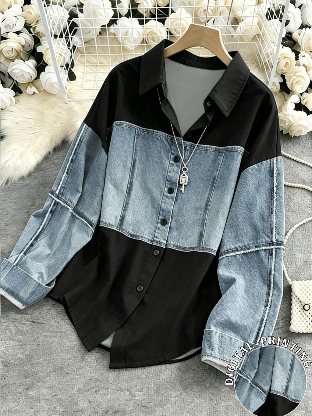 Patchwork Print Design, Classic Lapel, Casual Loose-fitting Breathable Light Luxury Top. Printed Leggings - Not Denim Fabric - Black
