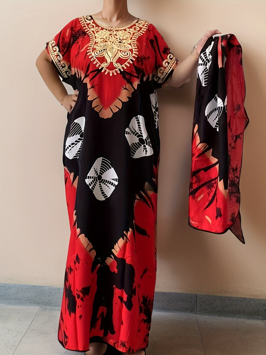 Plus-Size Floral Print Kaftan Dress for Ramadan, Elegant Round-Neck Short-Sleeve Gown for Middle Eastern Women, Women'S Plus-Size Clothing - Scarlet red