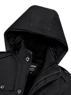 Men's Hooded Shoulder-Patch -Lined Mid-Length Workwear Parka Jacket, Winter Thickened Multi-Pocket Warm Padded Coat, Temperature-Locking, Cold-Resistant, Wear-Resistant, Wrinkle-Resistant, Structured and Stylish, Not Easily Deformed, Easy to Care - Black