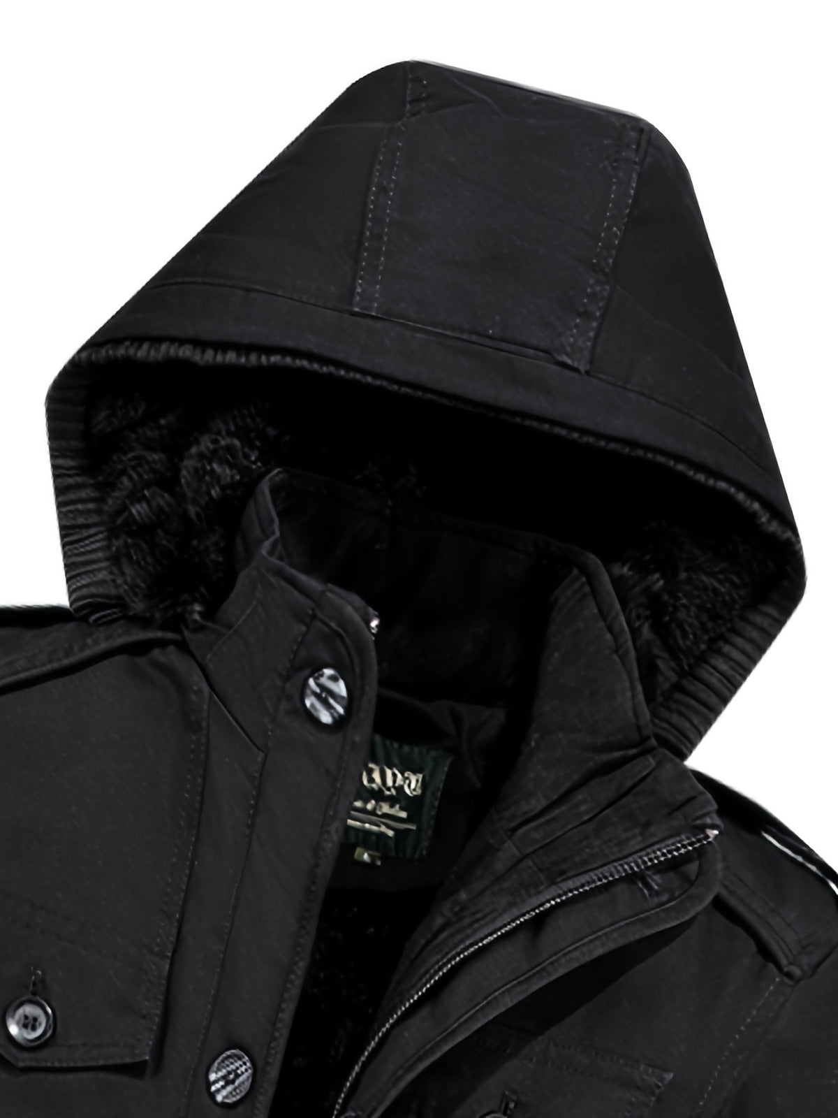 Men's Hooded Shoulder-Patch -Lined Mid-Length Workwear Parka Jacket, Winter Thickened Multi-Pocket Warm Padded Coat, Temperature-Locking, Cold-Resistant, Wear-Resistant, Wrinkle-Resistant, Structured and Stylish, Not Easily Deformed, Easy to Care - Black