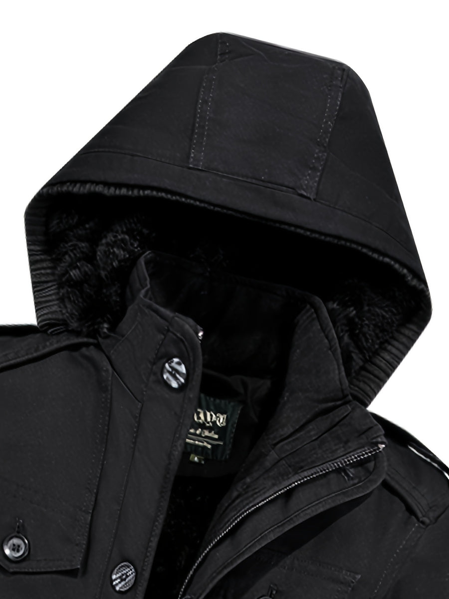 Men's Hooded Shoulder-Patch -Lined Mid-Length Workwear Parka Jacket, Winter Thickened Multi-Pocket Warm Padded Coat, Temperature-Locking, Cold-Resistant, Wear-Resistant, Wrinkle-Resistant, Structured and Stylish, Not Easily Deformed, Easy to Care - Black