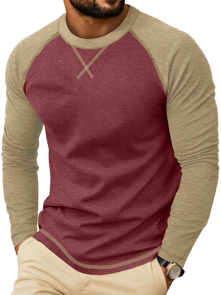 Cross-Border Men'S Long Sleeve Round Neck T-Shirt, Export European And American Men'S Clothing Color-Block Top Base Layer - Maroon 2