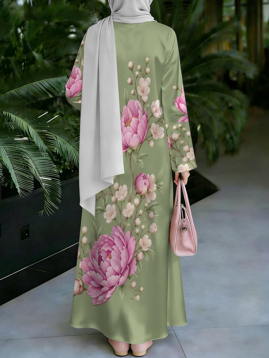 Women'S Hot Middle Eastern Style Muslim Elegant Robe, Bean Green Large-Scale Pink Peony Print Muslim Dress, Loose Long Sleeve Flared Skirt, Commuting Prayer Banquet Travel, Soft Texture Non- Craft - Mixed colors