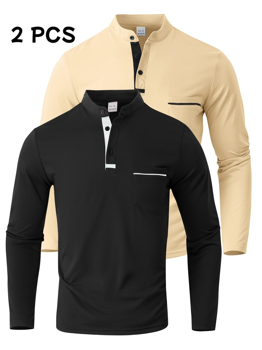 [JOSHIMAI OBM] 2pcs Men'S Long Sleeve Henley Shirts, Soft Comfortable Stretch Fabric, Lightweight Breathable Easy Care, Stand Collar 3-Button Placket Design, Contrast Color Placket And Pocket Details, Suitable for Office Commute, Business Casual - Black+Light Khaki
