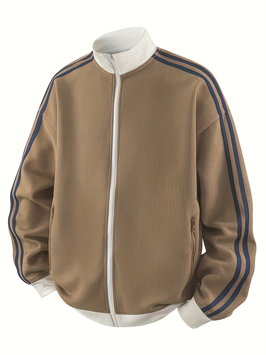 Men'S American Vintage Cardigan Sweatshirt, New Striped Stand-Up Collar, College Style Sports Casual Jacket for Spring And Autumn - Brown