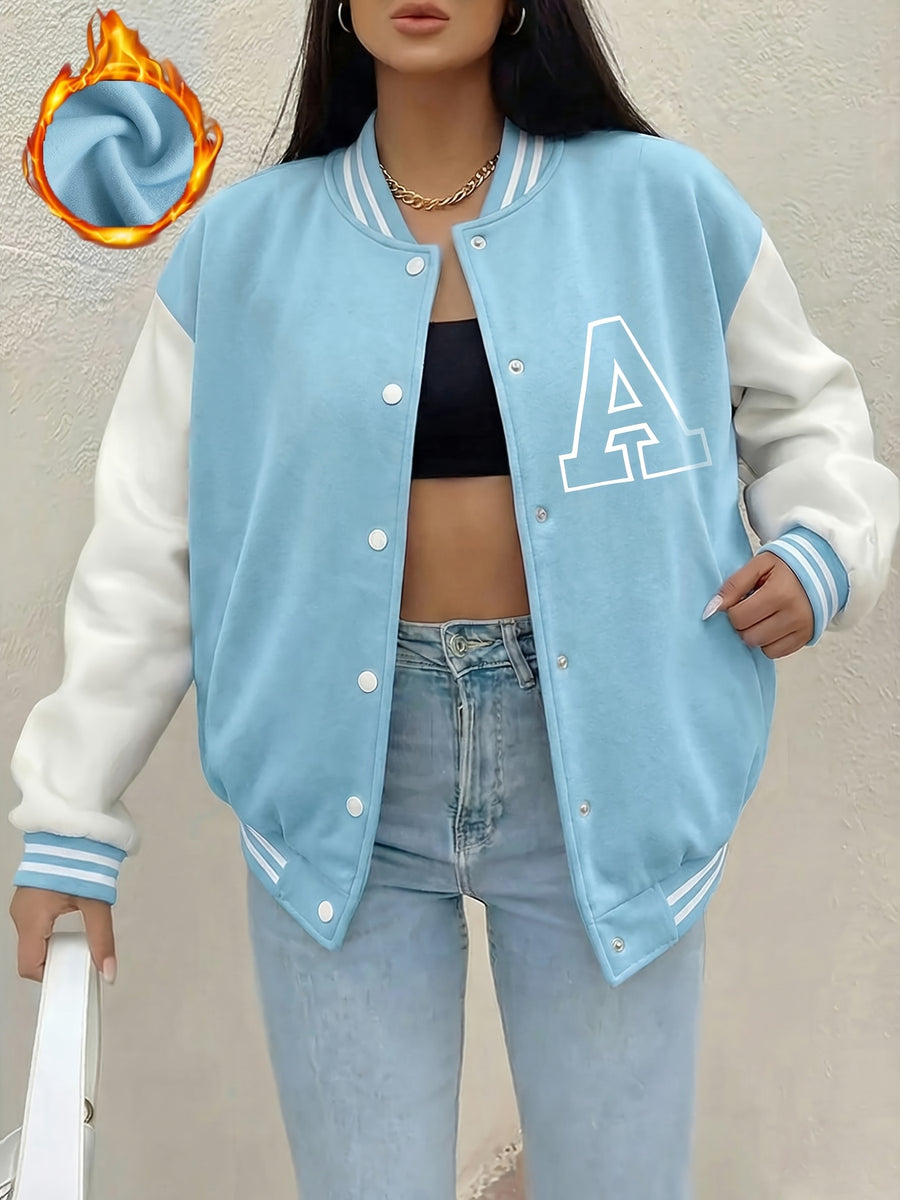 Women'S Fleece Baseball Jacket with Street-Style Letter A Print, Featuring Snap Buttons, Perfect for Casual Outdoor Sports in Autumn And Winter, Suitable for Everyday Wear - Light Blue