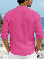 Men's New Casual Stand Collar Long Sleeve Shirt, Faux, Skin-Friendly, Soft, and Breathable, Baoxinren Ytprw OK Letter Print Button-Up Top, Suitable for Beach Activities, Island Vacation Style, Parties, Daily Commutes, and Versatile Wear - Rose Red