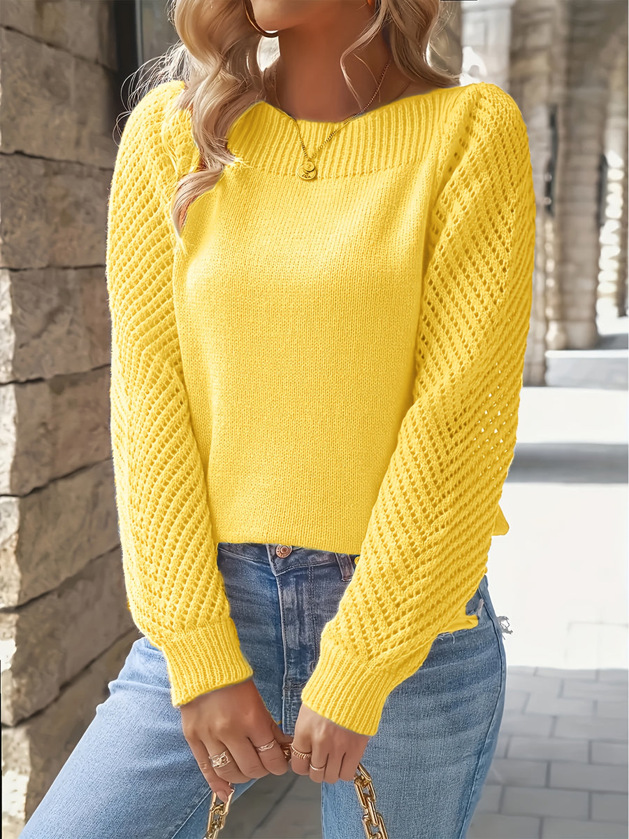 Women's Middle Eastern Style Long-Sleeve Sweater - Solid Color Crewneck Pullover, Regular Fit for Spring/Autumn Casual and Formal Wear, Elegant Series, Cute Style, Daily Comfort, Suitable for Multiple Occasions, Cut-Out Sleeve Design - Yellow