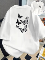 Women's White Short-Sleeve T-Shirt with Butterfly Print - Loose Fit Round Neck Blouse, Spring Summer Casual Top, Machine Washable Japanese Korean Style Casual Attire & Layering Piece - White