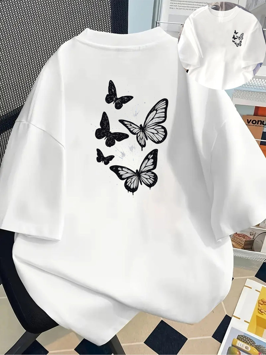 Women's White Short-Sleeve T-Shirt with Butterfly Print - Loose Fit Round Neck Blouse, Spring Summer Casual Top, Machine Washable Japanese Korean Style Casual Attire & Layering Piece - White