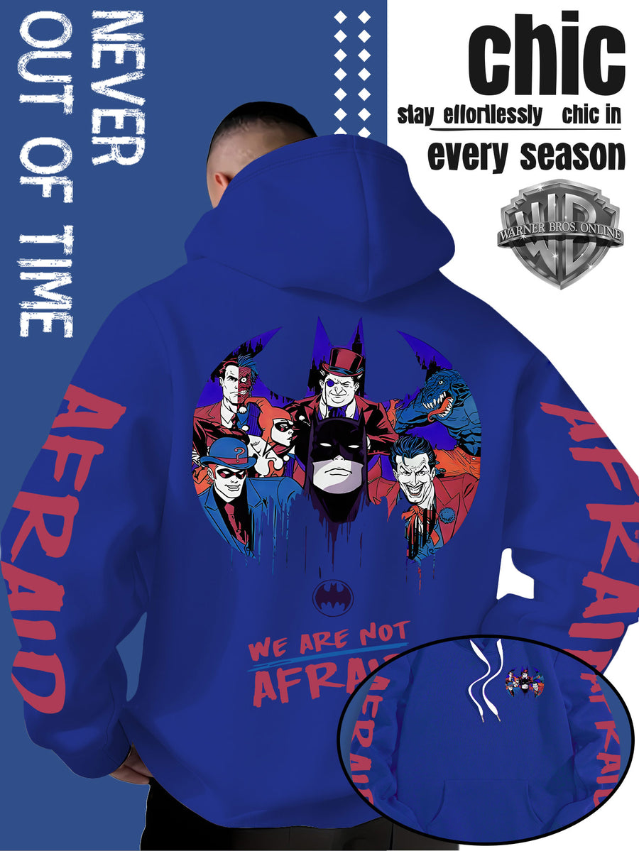 Men'S Batman Hooded Sweatshirt, Cool Graphic Print with Hero And Villain Characters, English Slogans And Sleeve Graffiti, Classic Meets American Dark Streetwear, Fall/Winter Comfortable Long Sleeve, Trendy Street Style for Men - Royal Blue