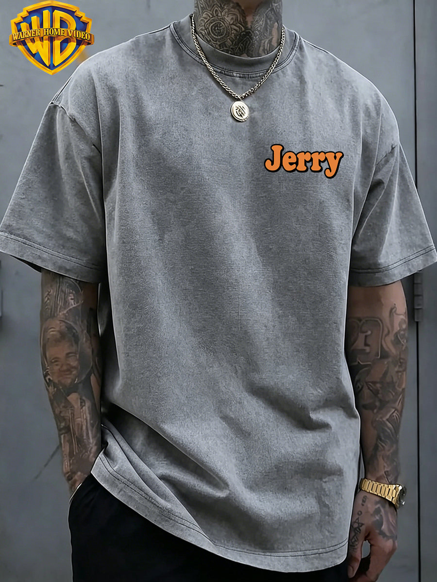 Officially Licensed by Warner Bros., Men'S Short-Sleeve T-Shirt with Playful 'Little Mouse Lifting Weights' Print, Featuring an American Retro Washed And Distressed Look. Perfect for Outdoor Activities And Daily Commutes; Machine Washable - Grey
