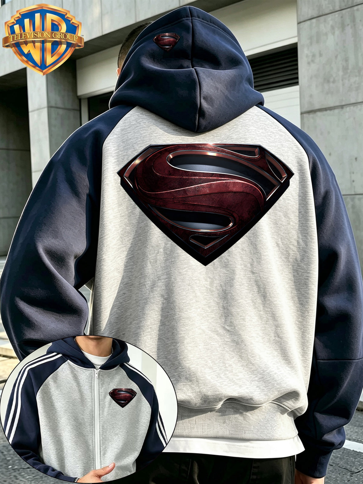 New Autumn/Winter Men's Hooded Jacket, Streetwear Trendy Casual Versatile Color-Block Patchwork Outerwear, Classic Red and Black Metallic Texture S-Shaped Shield Badge Print, High Street Fashion Brand Loose Fit Couple's Sweatshirt - Light Twist Gray