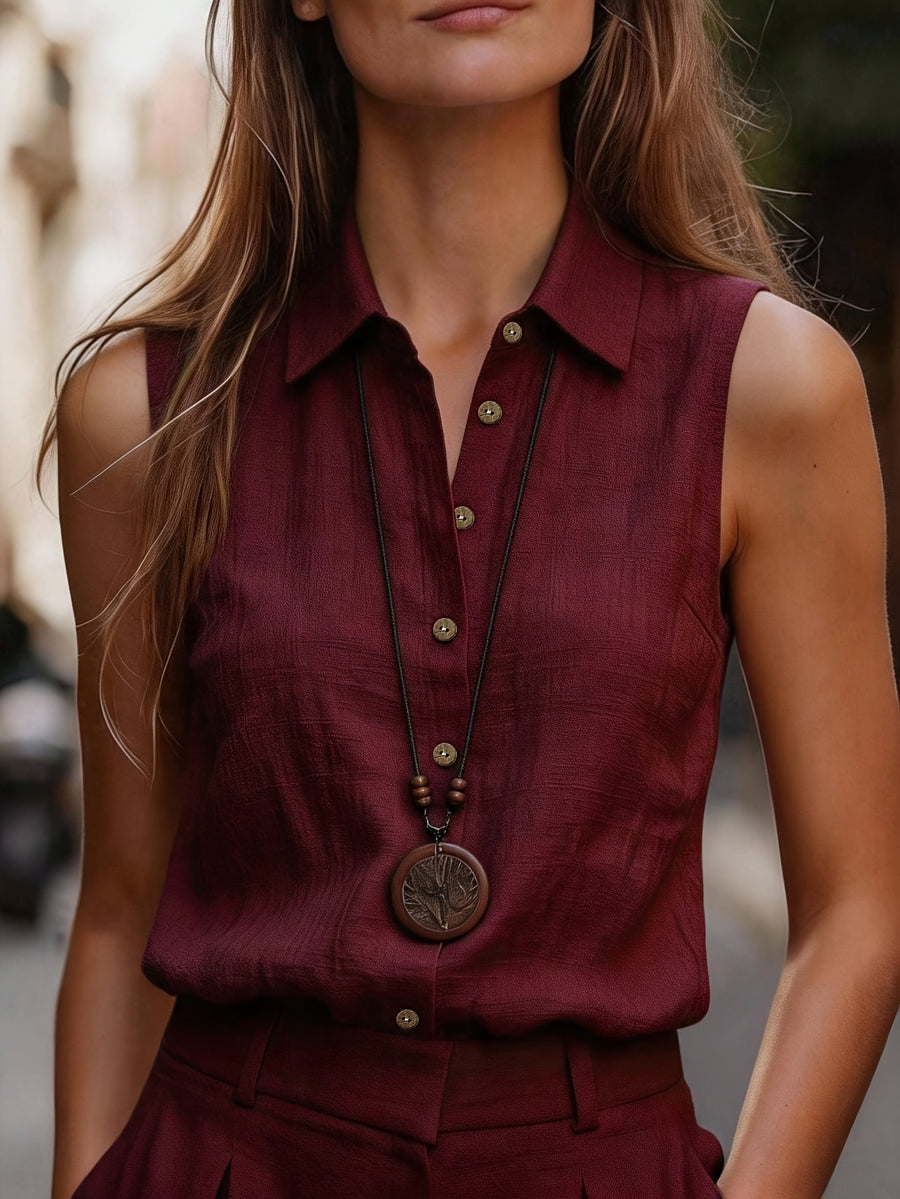 Casual Linen Sleeveless Shirt for Women, Commuting Beach and Holiday Style Blouse - Deep Red