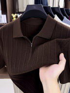 New Spring/Autumn Vertical Stripe Knit Polo Shirt for Men, Half-Zip Lapel Short Sleeve Light Luxury Stretch Casual Base Layer Top, Suitable for Daily Work Wear - Coffee Color