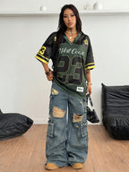 Coolane Women's Spring/Summer Festival Outing Vintage Y2K Digital Print Baseball Jacket Black Jersey T-Shirt - Olive Green