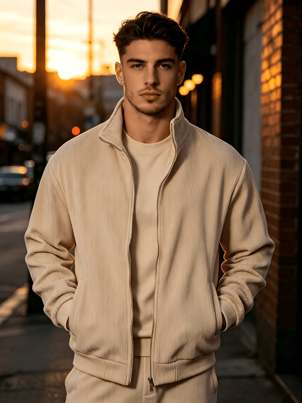 Men's Corduroy Full-Zip Stand Collar Jacket, Soft Vertical Rib Texture Corduroy Casual Full-Zip Outerwear, Ribbed Cuffs and Hem, Side Insert Pockets, Loose Fit Cut, Lightweight and Warm Jacket, Suitable for Autumn/Winter Daily Wear, Street Outings - Khaki