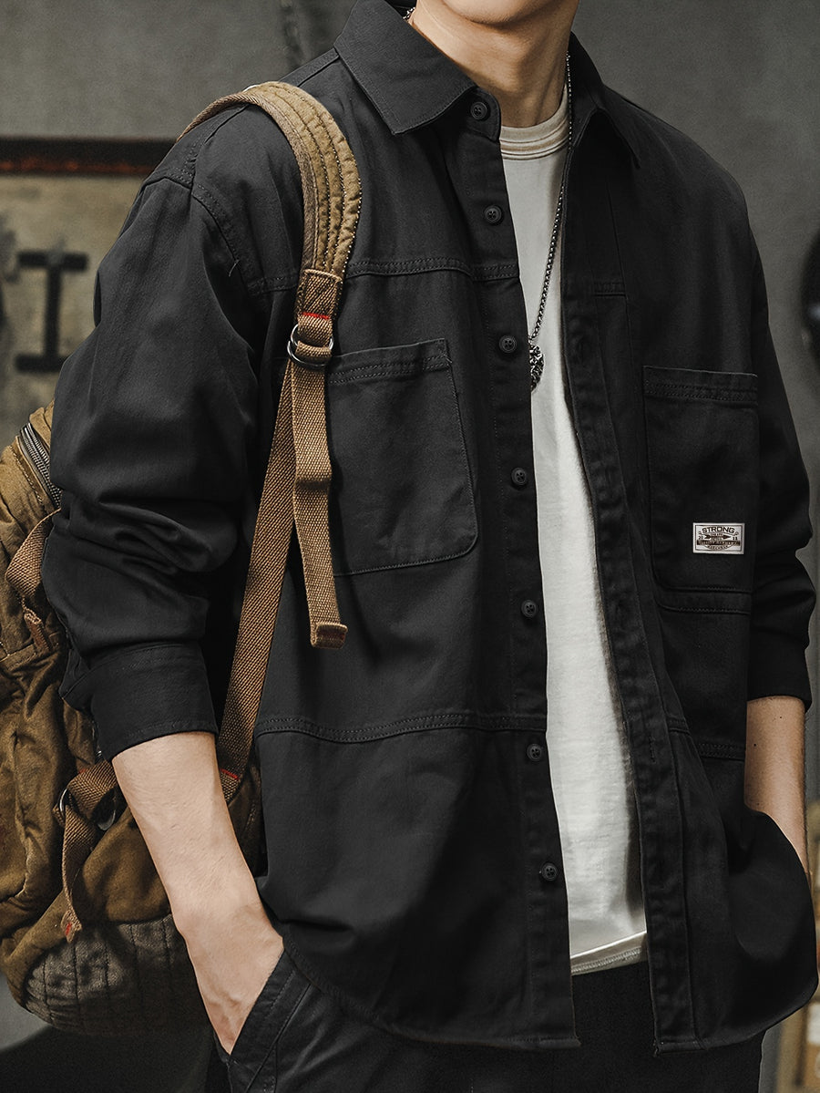 Men'S Cargo Shirt Spring Autumn Long Sleeve Top Vintage Workwear Style Multi-Pocket American Casual Top Outerwear, New Season - Black
