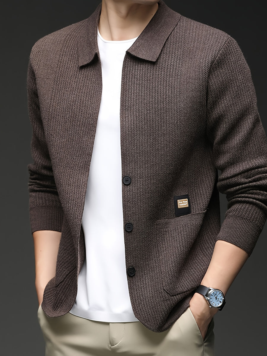 Men'S Lapel Single-Button Knit Cardigan, Spring/Autumn Outerwear, Winter Layering, Long Sleeve, Ribbed Cuffs And Hem - SINBOS - Coffee Color