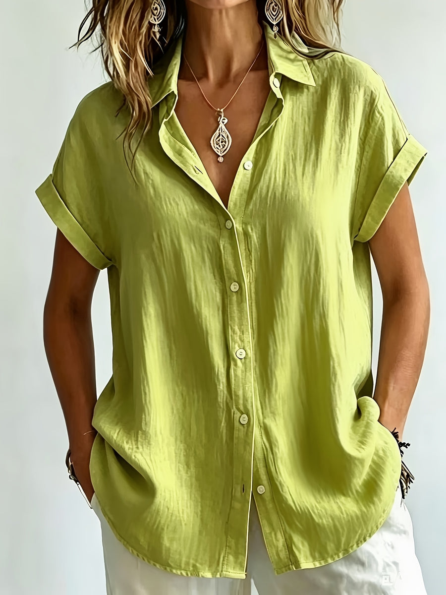 Women'S Elegant Vacation Style Short Sleeve Top, Loose Lazy Shirt, Commute Casual Literary Style, And Covering, Daily Temperament Style, Loose Drape, Breathable And Comfortable - Greenish Yellow