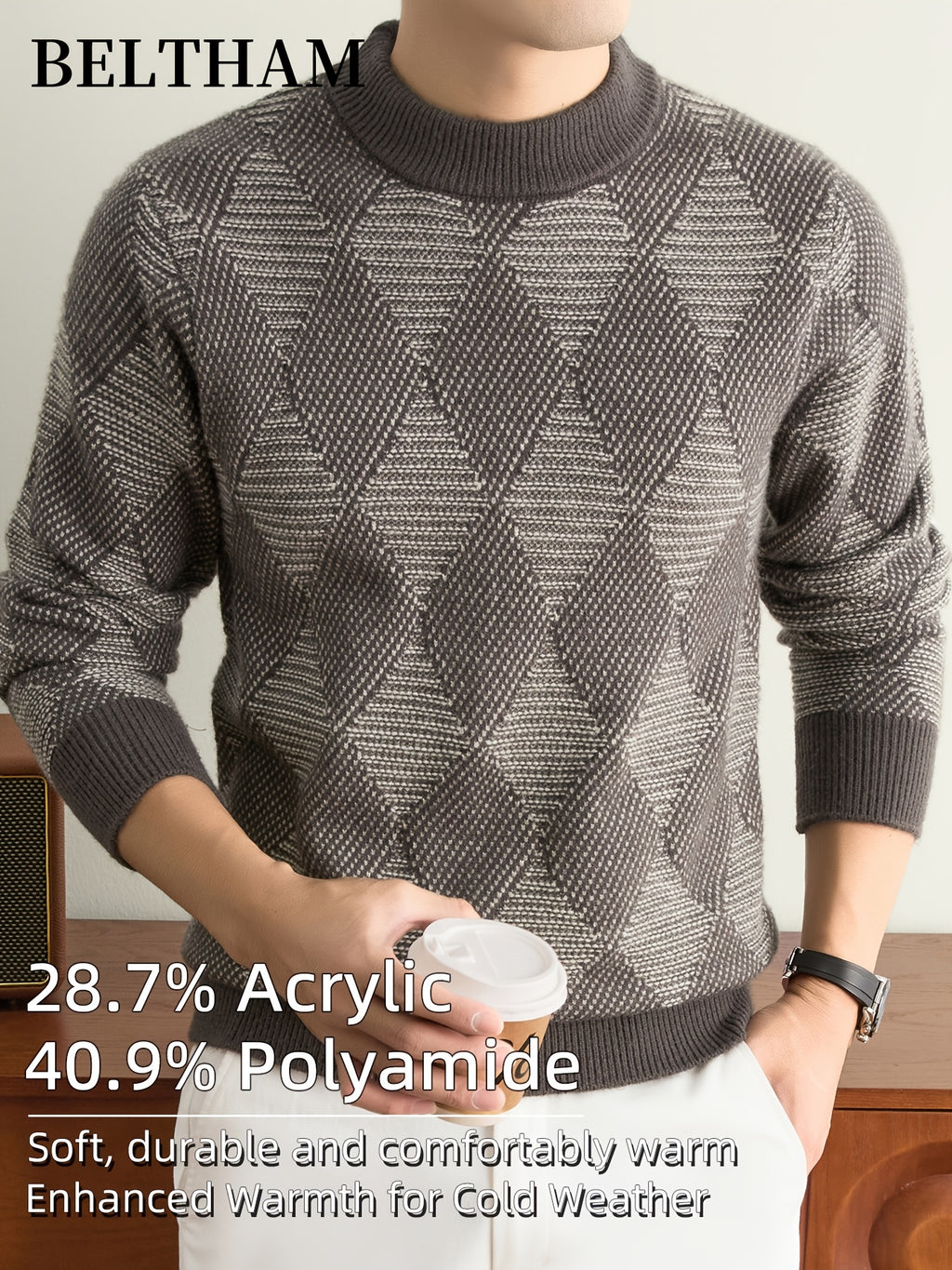 Men's Thick Warm Winter Sweater - Cold-Resistant Soft Knit Pullover with Mock Neck Round Neck Suitable for Casual Business Outdoor Wear, Warm Gift for Husband & Father, Fall Winter Clothing for Daily Fishing Camping Activities - Camel