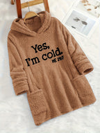 Women's "Yes I'm Cold" Printed Teddy Bear Hooded Sweatshirt - 100% Polyester Relaxed Fit Long Sleeve Pullover with Double Pockets, Cozy Fleece-Lined Casual Winter Top for Fall & Winter - Camel