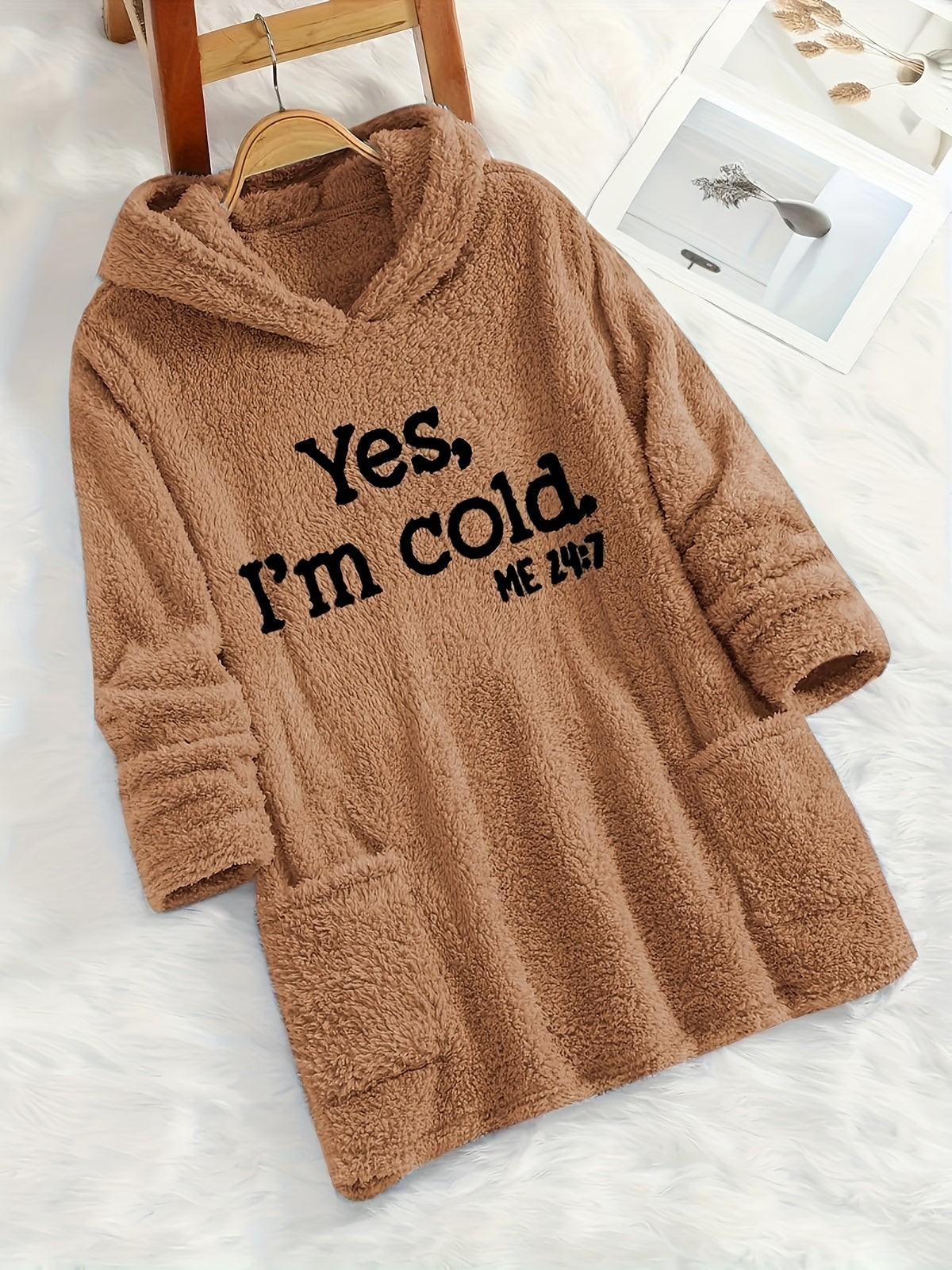 Women's "Yes I'm Cold" Printed Teddy Bear Hooded Sweatshirt - 100% Polyester Relaxed Fit Long Sleeve Pullover with Double Pockets, Cozy Fleece-Lined Casual Winter Top for Fall & Winter - Camel