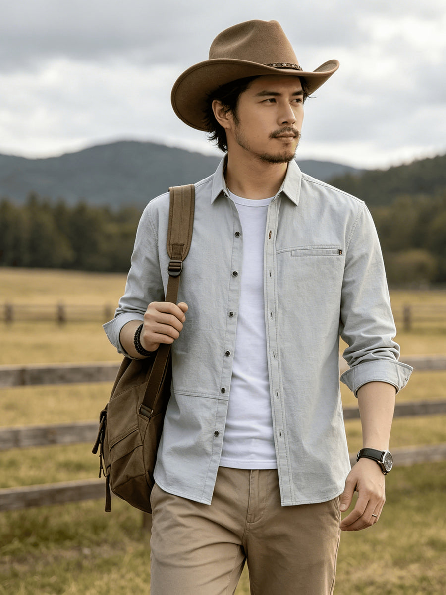 Men's Casual Long-Sleeve Shirt with Lapel and Faux Pocket Design, Slim Fit for a Slimming Look, Durable and Wrinkle-Resistant for Daily Outdoor Casual Wear, Business-Casual Solid Color Shirt - Light Grey